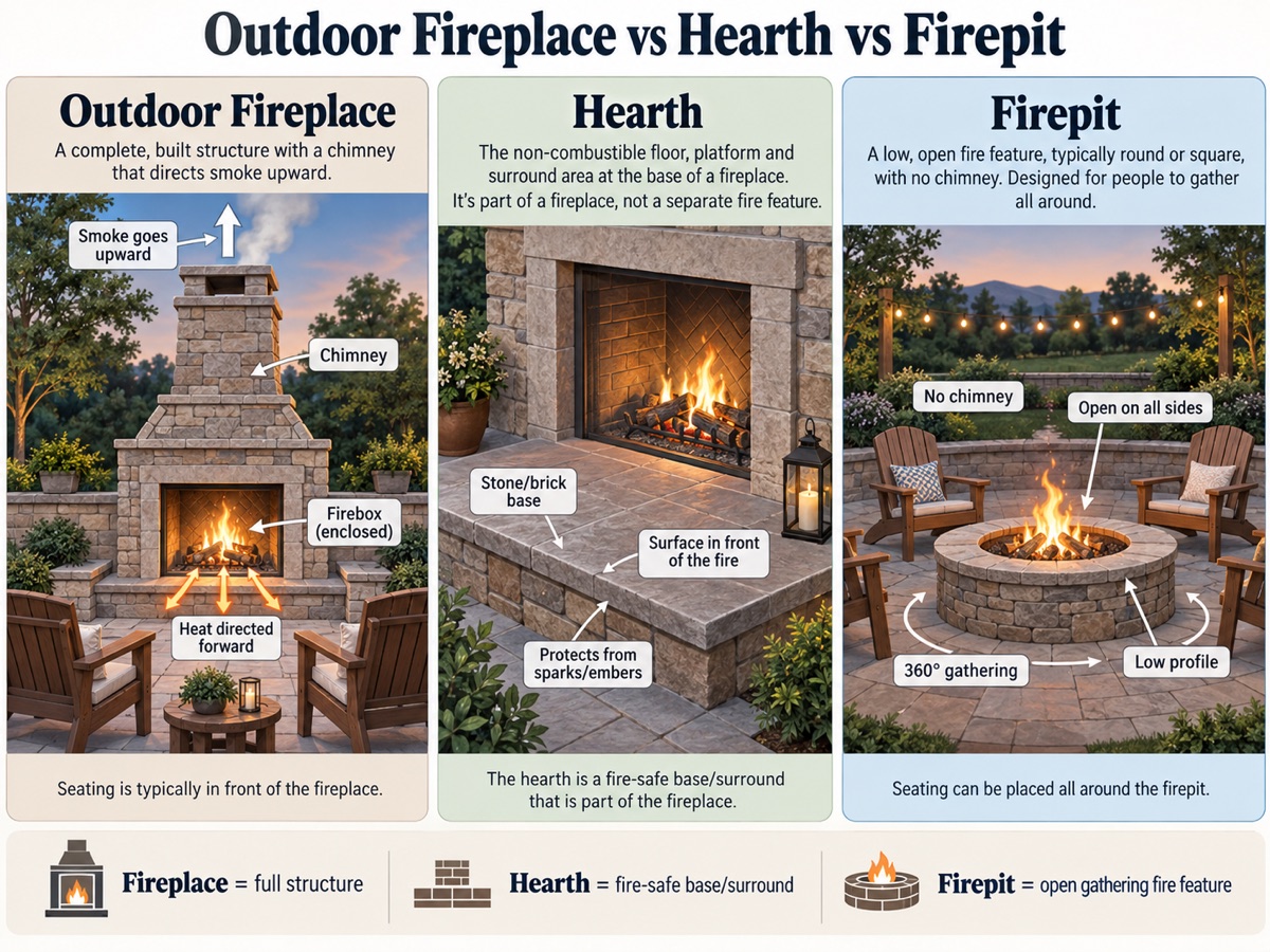 Comparison of an outdoor fireplace, a hearth, and a firepit: an outdoor fireplace is a complete built structure with a chimney that directs smoke upward and heat forward; a hearth is the non-combustible stone or brick base and surround at the foot of a fireplace, not a separate feature; a firepit is a low, open, chimney-free fire feature, usually round, built for seating all the way around.